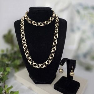 Gold with Black & Ivory Enamel Chunky Cuban Link Chain Necklace Earrings Set